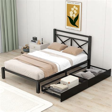 Bovza Twin Size Metal Platform Bed With 3 Storage Drawers