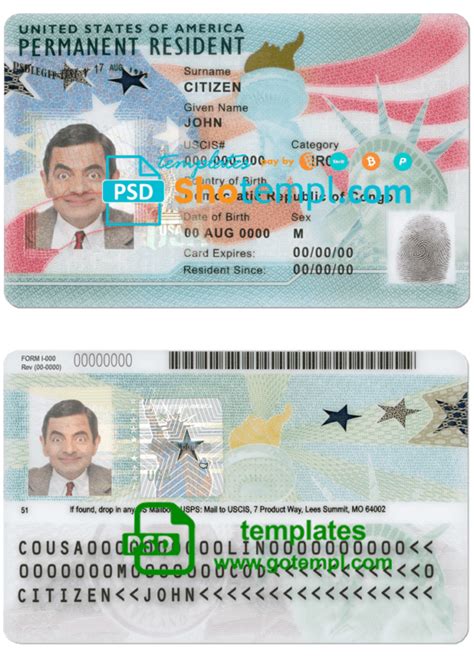 USA Green Card Permanent Resident Card Template In PSD Format Fully