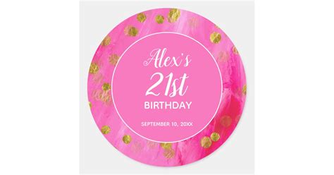 Hot Pink Glitter 21st Birthday Name Classic Round Sticker | Zazzle