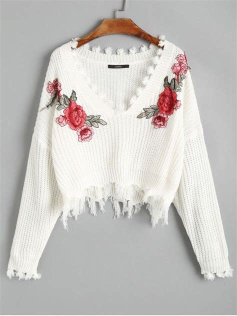 31 Off 2021 V Neck Frayed Floral Embroidered Pullover Sweater In White Zaful