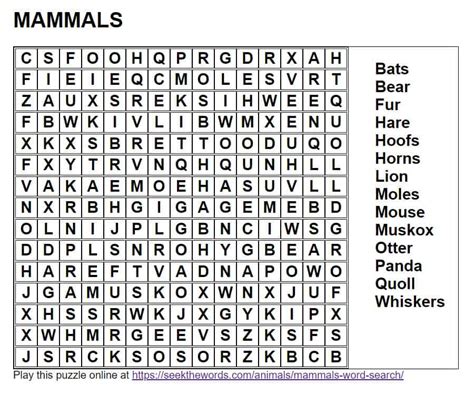 Mammals Word Search Pdf Printable Seek The Words