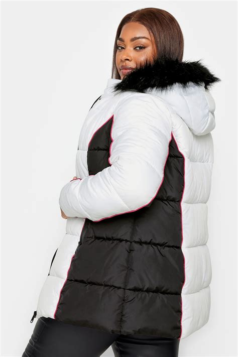 YOURS Plus Size White Black Colourblock Hooded Puffer Jacket YOURS