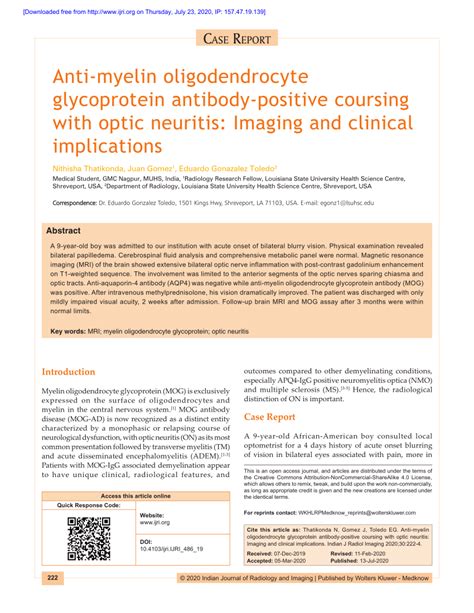 Pdf Anti Myelin Oligodendrocyte Glycoprotein Antibody Positive Coursing With Optic Neuritis