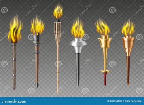 Medieval Olympic Torches Set With Burning Fire Ancient Symbol Of