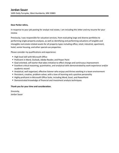 Analyst Real Estate Cover Letter Velvet Jobs