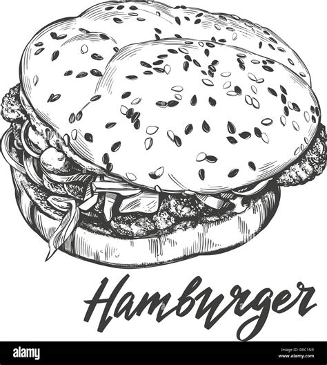 Big Burger Hamburger Hand Gezeichnet Vektor Illustration Skizze Retro Stil Stock Vektorgrafik