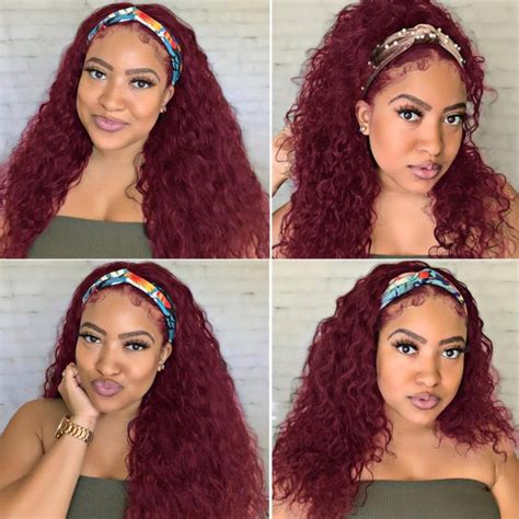 J Burgundy Color Headband Wigs For Straight Body Deep Curly Texture