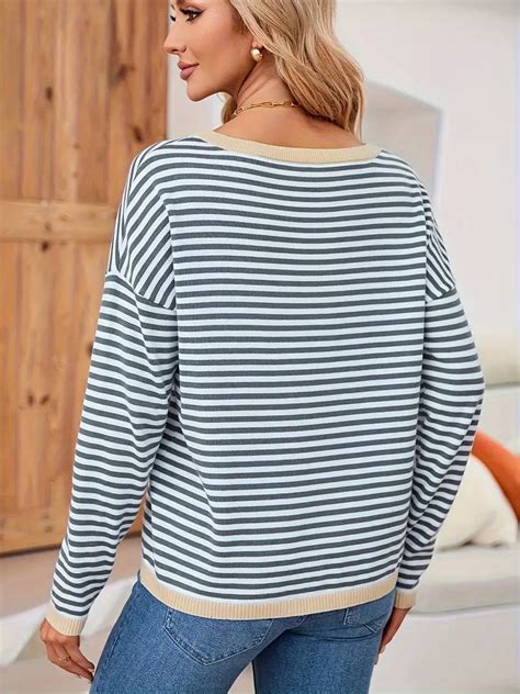 Womens Sweater Contrast Striped Crew Neck Side Stripe Temu