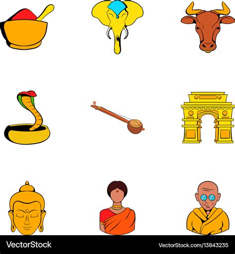 Indian culture icons set cartoon style Royalty Free Vector