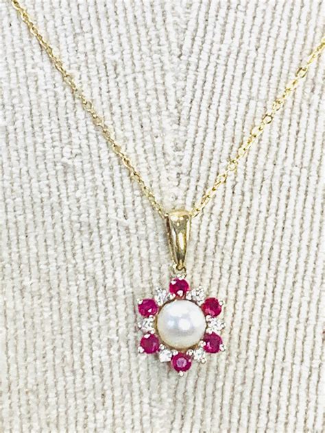 Vintage 9ct Gold Pearl Ruby Diamond Pendant 16 Inch Necklace Fully