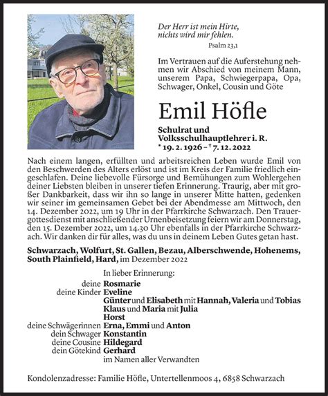 Todesanzeigen von Emil Höfle Todesanzeigen Vorarlberger Nachrichten