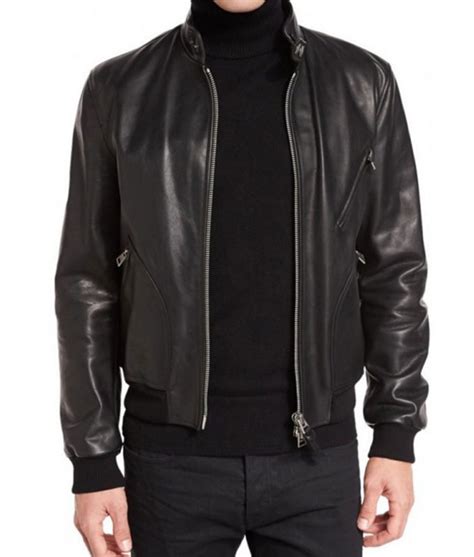 Mens Snap Tab Collar Designer Black Leather Bomber Jacket Jackets Creator