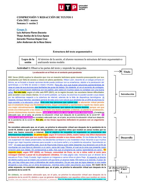 S01 S2 Material Estructura Del Texto Argumentativo 2022 Marzo ComprensiÓn Y RedacciÓn De