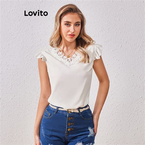 Lovito Blusa Elegante Babados De Renda Lisa Para Mulheres Lbl