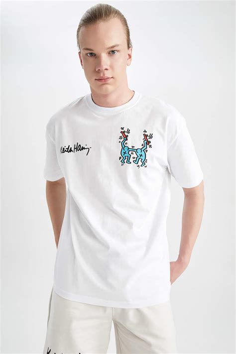 Beyaz Erkek Coool Keith Haring Boxy Fit Bisiklet Yaka Pamuklu Penye