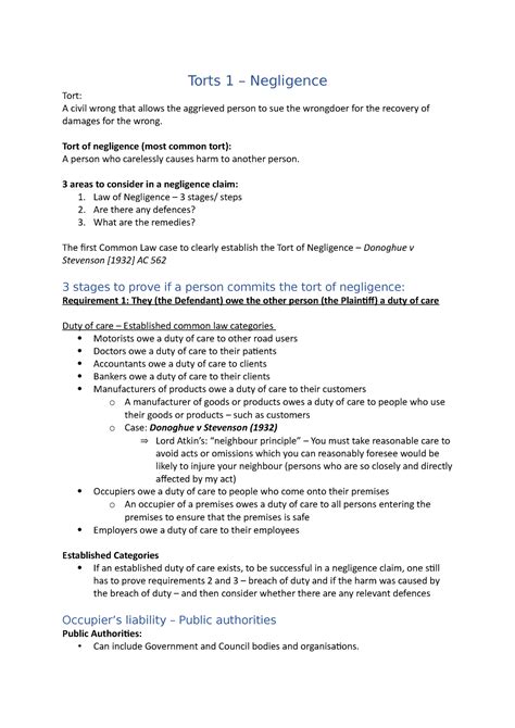 Torts 1 Summary Of Tort Law 1 Torts 1 Negligence Tort A Civil