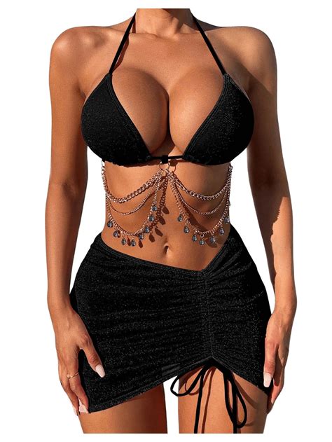 Cozyease Women S Piece Bikini Set Backless Halter Neck Triangle Chain Swimsuit Set With Beach