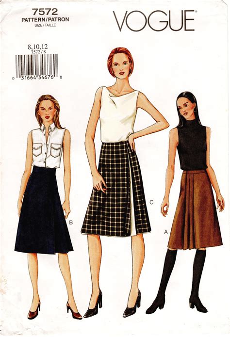 Sz 81012 Vogue Skirt Pattern 7572 Misses Below Knee A Line Wrap Skirt With Front Pleating Or