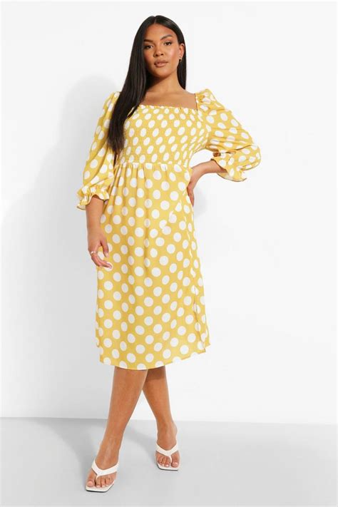 Plus Polka Dot Shirred Puff Sleeve Midi Dress Boohoo Nz