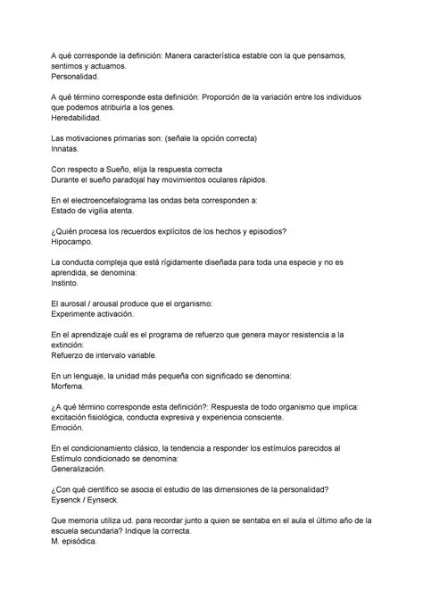 Parcial Psico A Qu Corresponde La Definici N Manera Caracter Stica