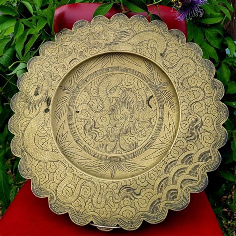 Accents Vintage Chinese Brass Hand Etched Engraved Dragon Plate Tray Shallow Bowl Poshmark