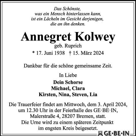 Traueranzeigen Von Annegret Kolwey Trauer Gedenken