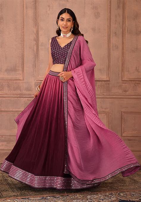 Buy Women Pink Pleated Lehenga Set With Mirror Embroidered Blouse And