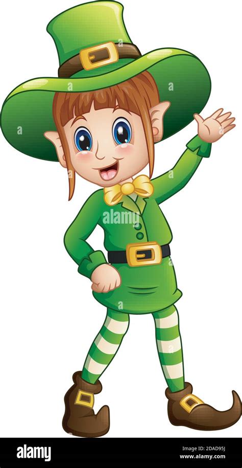 Vector Illustration Of Cartoon Girl Leprechaun Waving Stock Vector