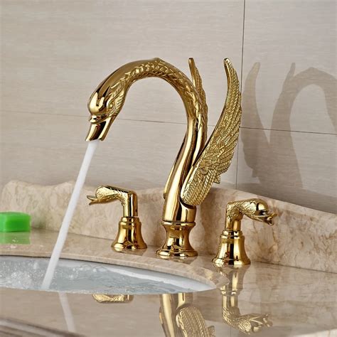 YANKSMART Gold Polished Swan Bathroom Basin Sink Faucet 2 Handle Deck