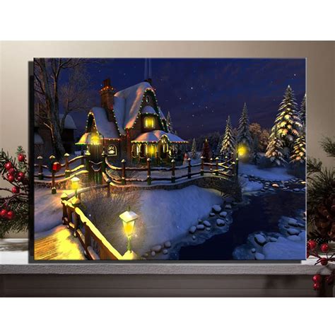 Led Canvas Art Christmas Snow Night Village House With Trees Picture