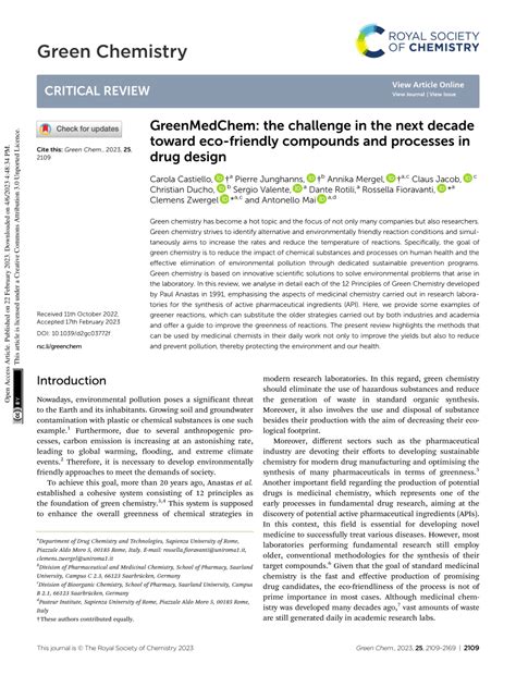 Pdf Greenmedchem The Challenge In The Next Decade Toward Eco Friendly Compounds And Processes