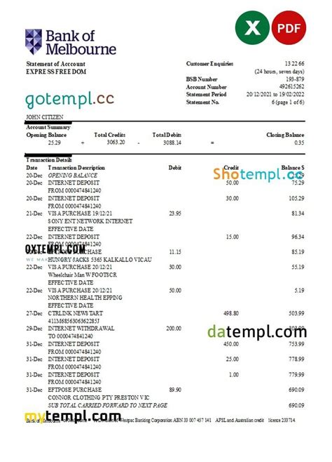 Australia Bank Of Melbourne Bank Statement Easy To Fill Template In Excel And Pdf Format Gotempl