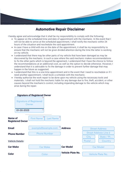 Automotive Repair Disclaimer Template - Sign Templates | Jotform