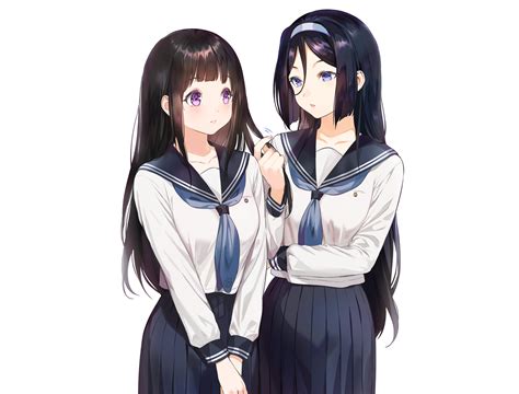 2girls Black Hair Blue Eyes Blush Chitanda Eru Headband Hyouka Irisu Fuyumi Long Hair Mery