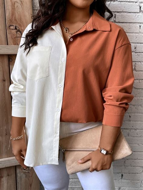 SHEIN LUNE Plus Two Tone Drop Shoulder Pocket Patched Shirt SHEIN USA