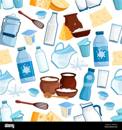 Milk And Dairy Seamless Pattern Of Vector Milky Drinks Products Bottle