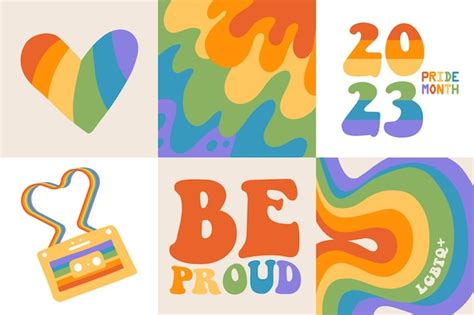 Cartões quadrados do mês do orgulho arco íris e frase de vibração gay em estilo retrô groovy