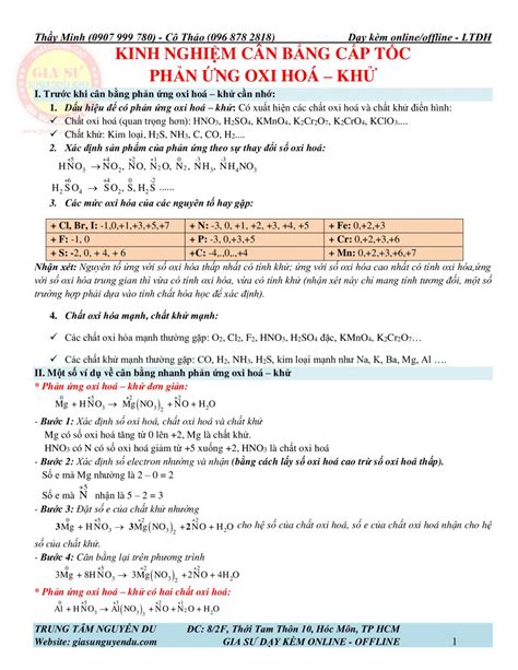 HÓA 10 KINH NGHIỆM CÂN BẰNG PHẢN ỨNG OXI HÓA KHỬ NÂNG CAO