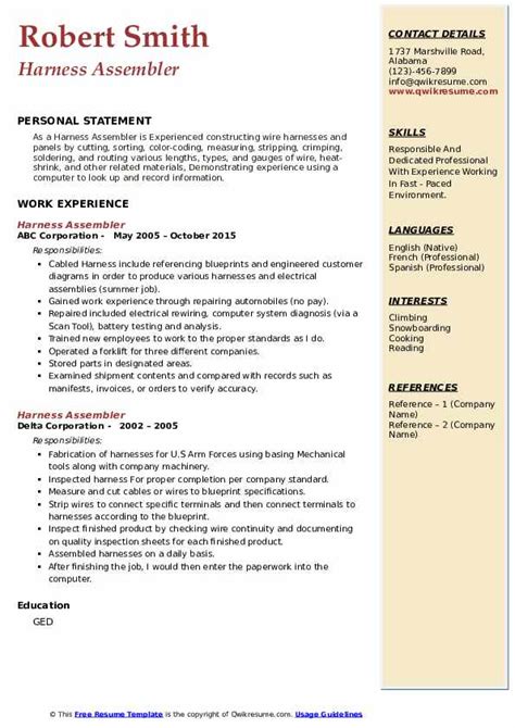 Harness Assembler Resume Samples QwikResume