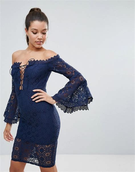 Love Triangle Allover Lace Off Shoulder Pencil Dress With Lace Up