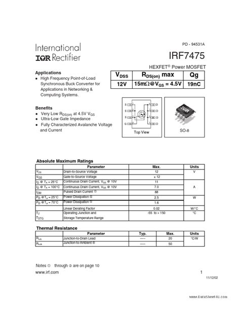 IRF7475 Datasheet PDF HEXFET Power MOSFET