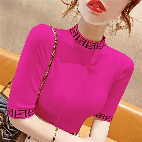 Knitted Tshirt Women Fashion Slim Turtle Neck T Shirt Summer Short