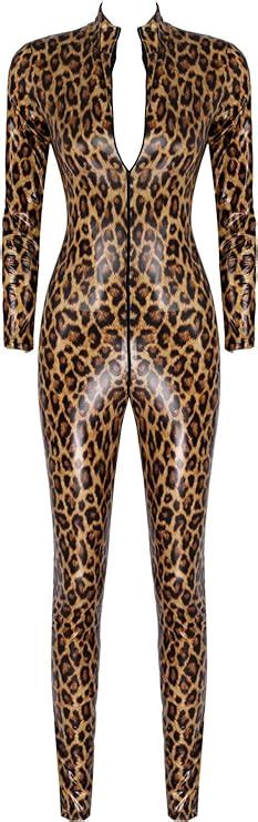 Msemis Woman Patent Leather Long Sleeve Leopard Print