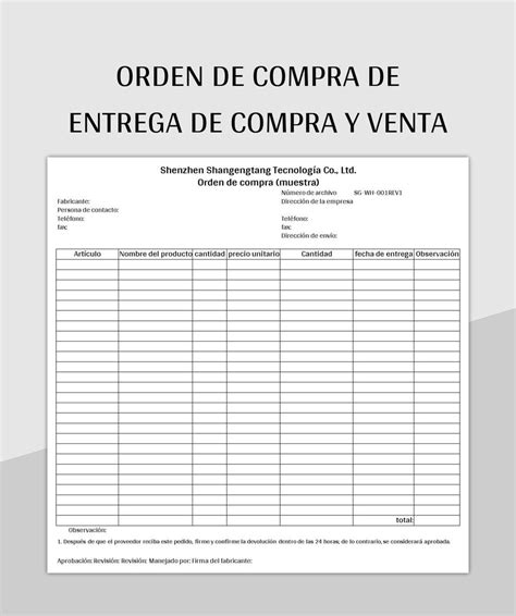 Plantilla De Formato Excel Orden De Compra De Entrega De Compra Y Venta