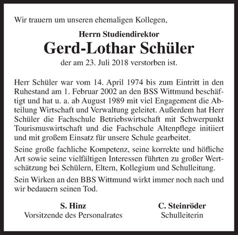 Traueranzeigen von Gerd Lothar Schüler nordwest trauer de