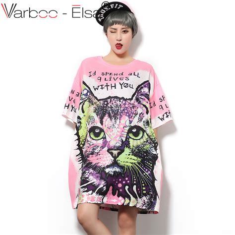 Varboo Elsa 2017 New Fashion Summer Harajuku Cat Printing Long T Shirt