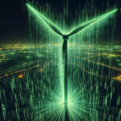 Futuristic Wind Turbine With Green Glow Illuminates City Generative