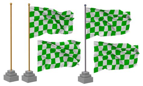 Racing Green And White Checkered Flag Waving Different Style With Stand Pole Isolated 3d