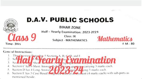 Class Mathematics Maths Half Yearly Examination Question