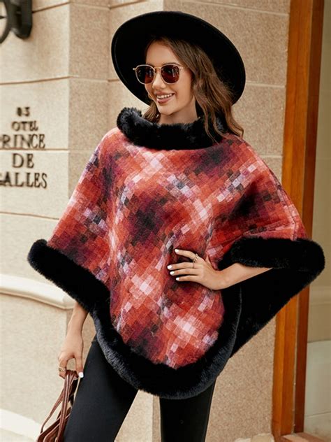 Faux Fur Trim Poncho Super Amazing Store